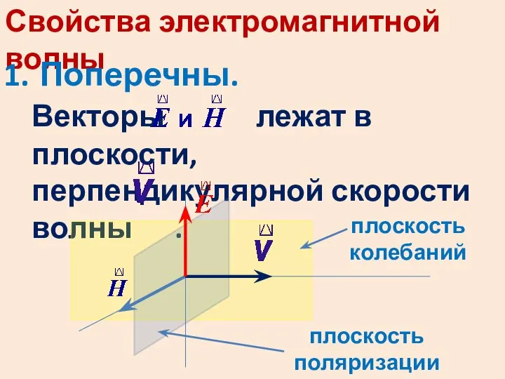 Свойства электромагнитной волны Поперечны. Векторы лежат в плоскости, перпендикулярной скорости волны . плоскость колебаний плоскость поляризации