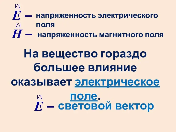 напряженность электрического поля напряженность магнитного поля На вещество гораздо большее влияние оказывает электрическое поле. световой вектор