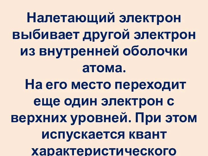 Налетающий электрон выбивает другой электрон из внутренней оболочки атома. На его