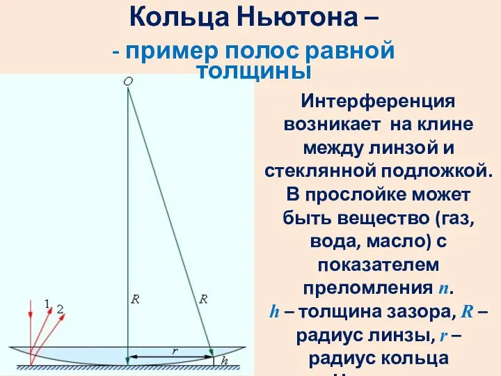 Кольца Ньютона – - пример полос равной толщины Интерференция возникает на