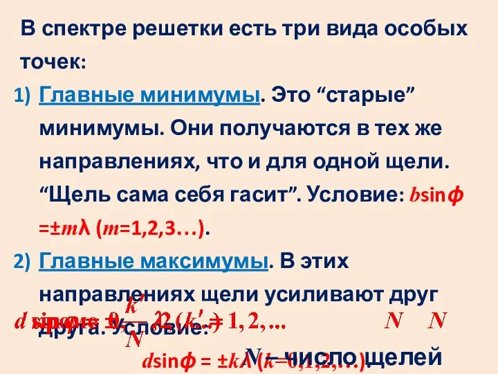 В спектре решетки есть три вида особых точек: Главные минимумы. Это