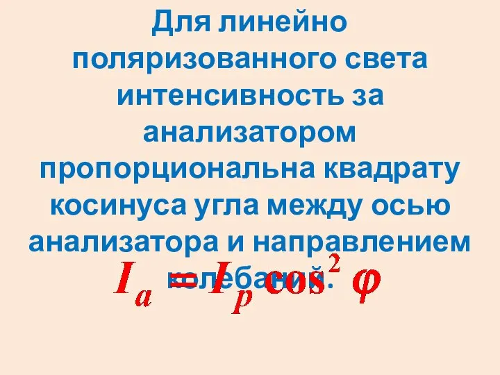 Для линейно поляризованного света интенсивность за анализатором пропорциональна квадрату косинуса угла