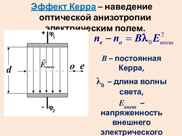 Эффект Керра – наведение оптической анизотропии электрическим полем. В – постоянная