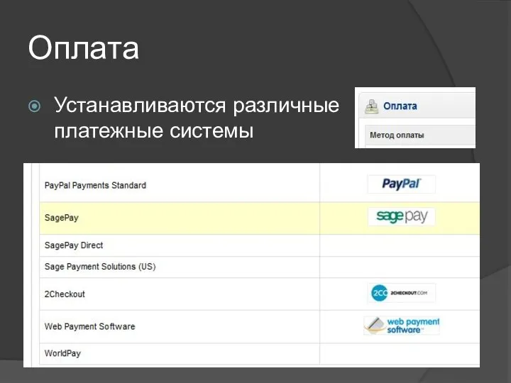 Оплата Устанавливаются различные платежные системы