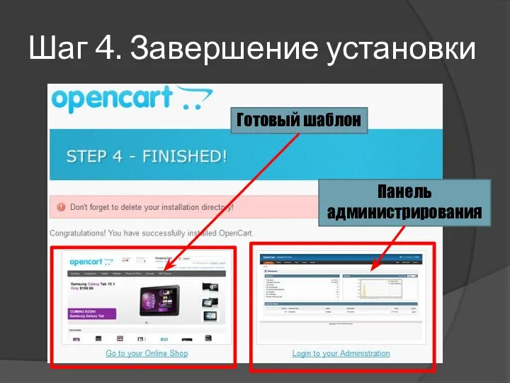 Шаг 4. Завершение установки Панель администрирования Готовый шаблон