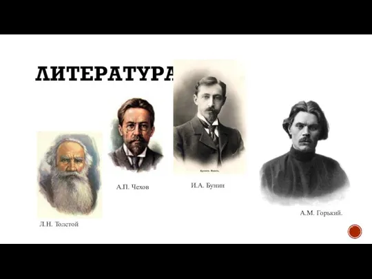 ЛИТЕРАТУРА Л.Н. Толстой А.П. Чехов И.А. Бунин А.М. Горький.