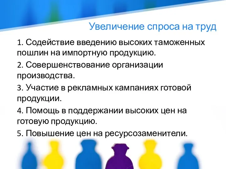 Увеличение спроса на труд 1. Содействие введению высоких таможенных пошлин на