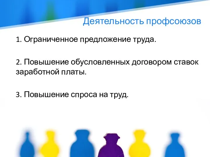 Деятельность профсоюзов 1. Ограниченное предложение труда. 2. Повышение обусловленных договором ставок