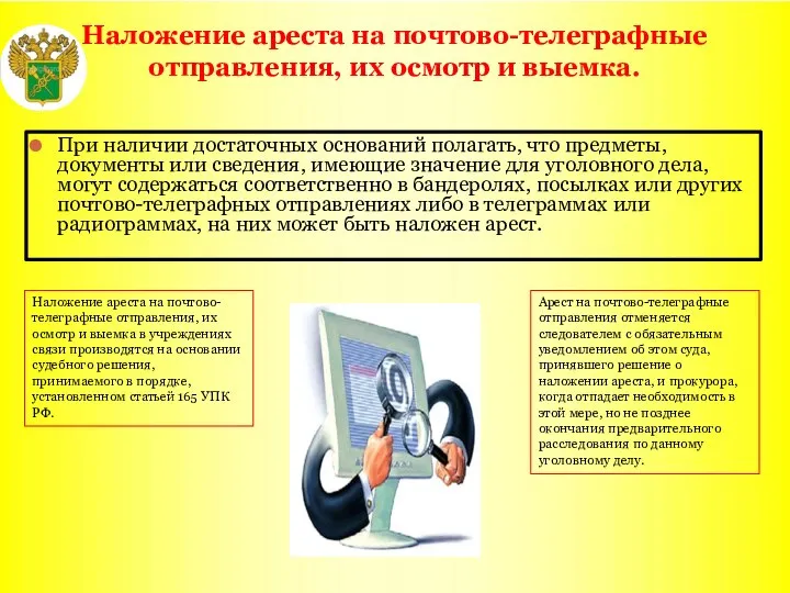 Наложение ареста на почтово-телеграфные отправления, их осмотр и выемка. При наличии