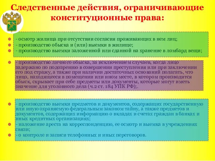 Следственные действия, ограничивающие конституционные права: - осмотр жилища при отсутствии согласия