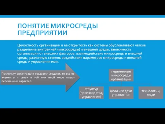 ПОНЯТИЕ МИКРОСРЕДЫ ПРЕДПРИЯТИИ Целостность организации и ее открытость как системы обусловливают