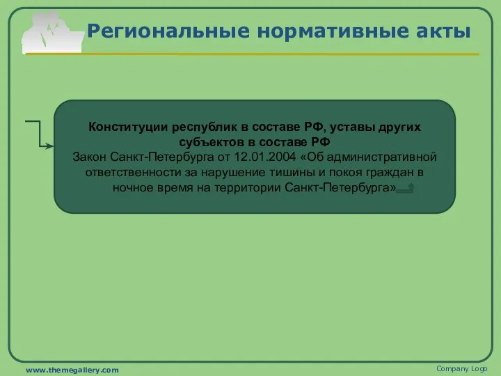 Региональные нормативные акты Company Logo www.themegallery.com Конституции республик в составе РФ,