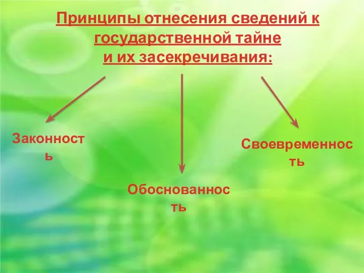 Принципы отнесения сведений к государственной тайне и их засекречивания: Законность Обоснованность Своевременность