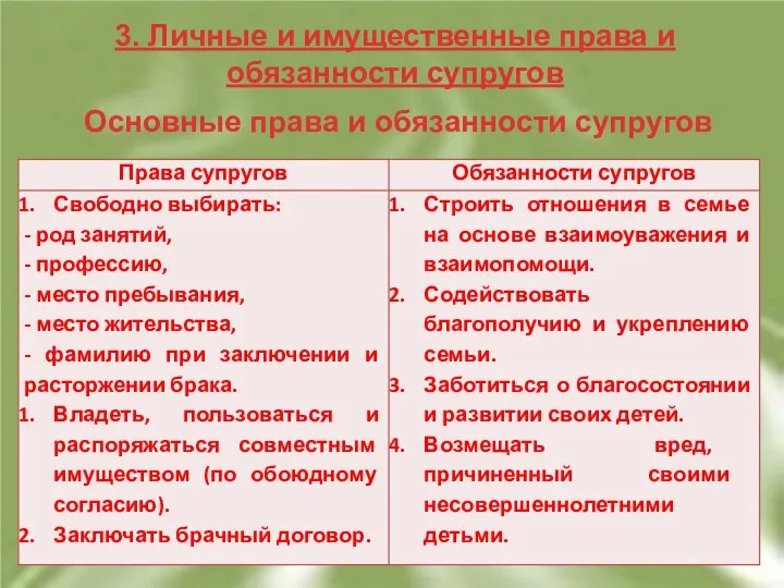 3. Личные и имущественные права и обязанности супругов Основные права и обязанности супругов