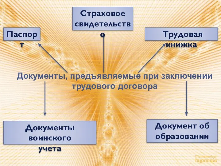 Документы, предъявляемые при заключении трудового договора Паспорт Трудовая книжка Страховое свидетельство