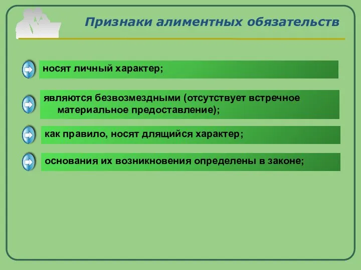 Признаки алиментных обязательств носят личный характер; являются безвозмездными (отсутствует встречное материальное