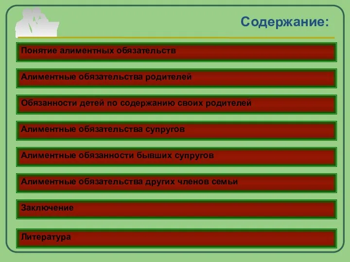 Содержание: Понятие алиментных обязательств Алиментные обязательства родителей Обязанности детей по содержанию