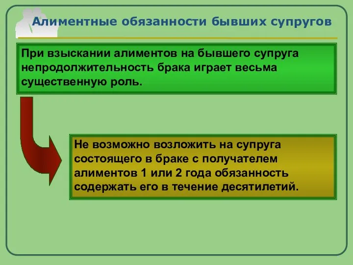 Алиментные обязанности бывших супругов При взыскании алиментов на бывшего супруга непродолжительность