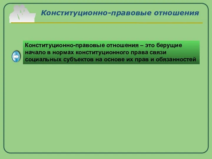 Конституционно-правовые отношения Конституционно-правовые отношения – это берущие начало в нормах конституционного