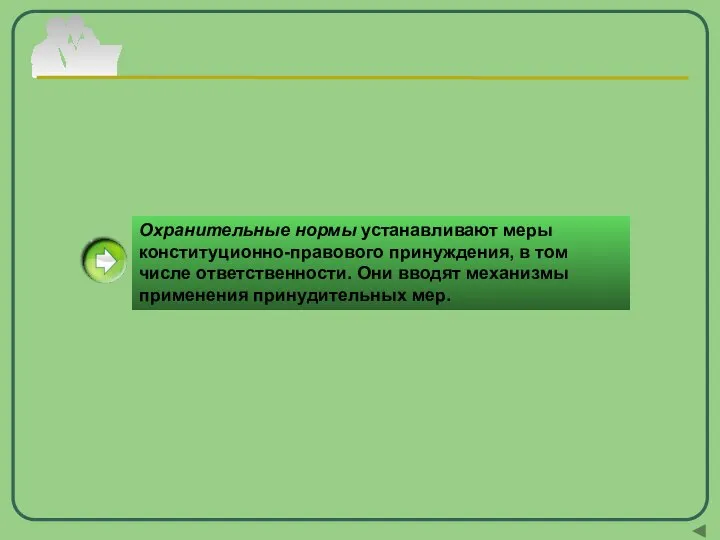 Охранительные нормы устанавливают меры конституционно-правового принуждения, в том числе ответственности. Они вводят механизмы применения принудительных мер.