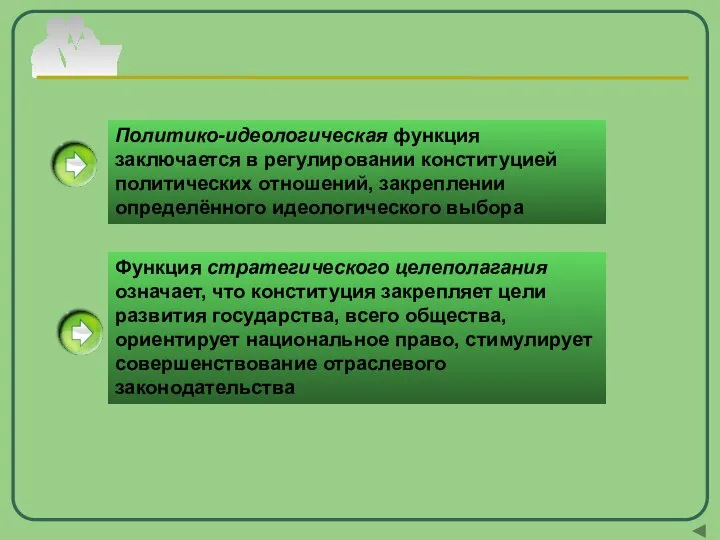 Политико-идеологическая функция заключается в регулировании конституцией политических отношений, закреплении определённого идеологического