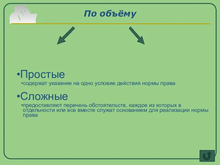 По объёму Простые содержат указание на одно условие действия нормы права