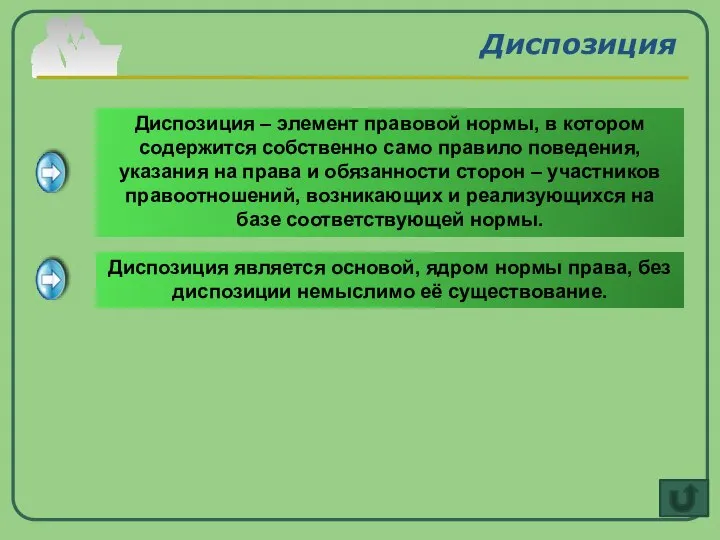 Диспозиция Диспозиция – элемент правовой нормы, в котором содержится собственно само