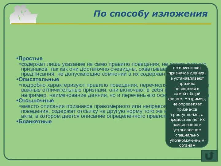 По способу изложения Простые содержат лишь указание на само правило поведения,