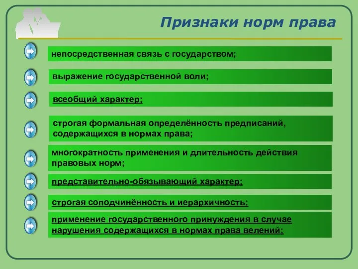 Признаки норм права непосредственная связь с государством; строгая формальная определённость предписаний,