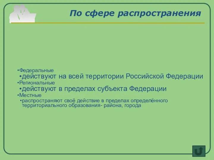 По сфере распространения Федеральные действуют на всей территории Российской Федерации Региональные