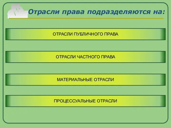 Отрасли права подразделяются на: ОТРАСЛИ ПУБЛИЧНОГО ПРАВА ОТРАСЛИ ЧАСТНОГО ПРАВА МАТЕРИАЛЬНЫЕ ОТРАСЛИ ПРОЦЕССУАЛЬНЫЕ ОТРАСЛИ