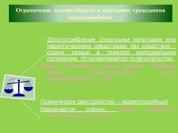 Ограничение дееспособности и признание гражданина недееспособным Злоупотребление спиртными напитками или наркотическими