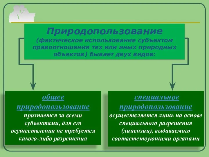 Природопользование (фактическое использование субъектом правоотношения тех или иных природных объектов) бывает