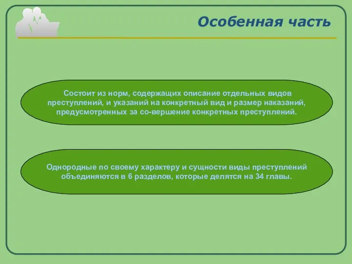 Особенная часть Состоит из норм, содержащих описание отдельных видов преступлений, и