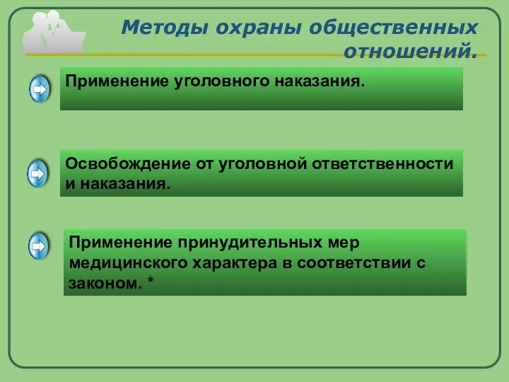 Методы охраны общественных отношений. Применение уголовного наказания. Освобождение от уголовной ответственности