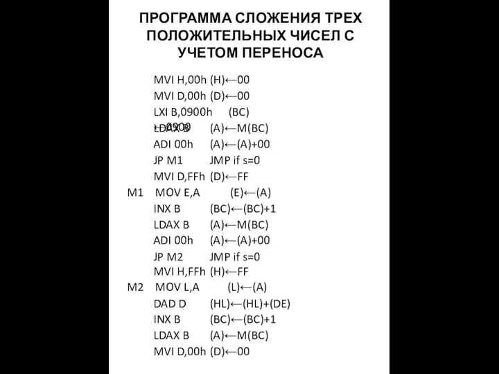 ПРОГРАММА СЛОЖЕНИЯ ТРЕХ ПОЛОЖИТЕЛЬНЫХ ЧИСЕЛ С УЧЕТОМ ПЕРЕНОСА MVI H,00h (H)←00