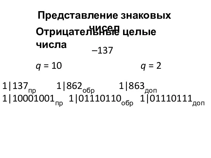 Отрицательные целые числа Представление знаковых чисел –137 q = 10 q