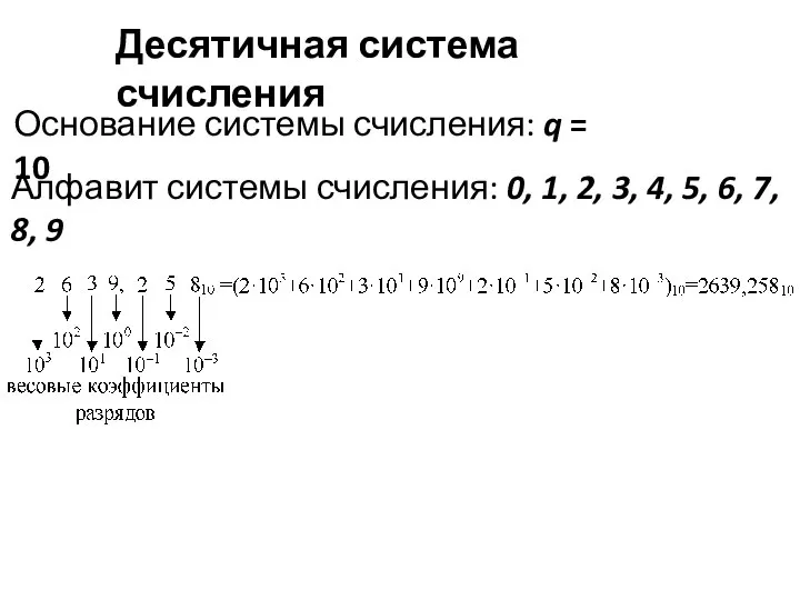 Десятичная система счисления Основание системы счисления: q = 10 Алфавит системы