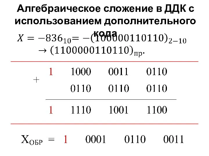 Алгебраическое сложение в ДДК с использованием дополнительного кода