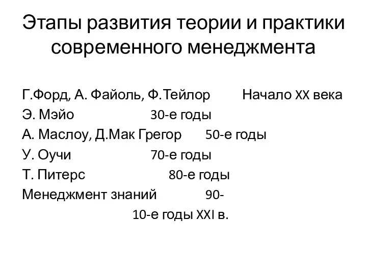 Этапы развития теории и практики современного менеджмента Г.Форд, А. Файоль, Ф.Тейлор