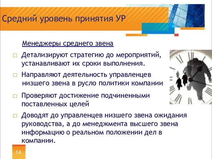 Средний уровень принятия УР Менеджеры среднего звена Детализируют стратегию до мероприятий,