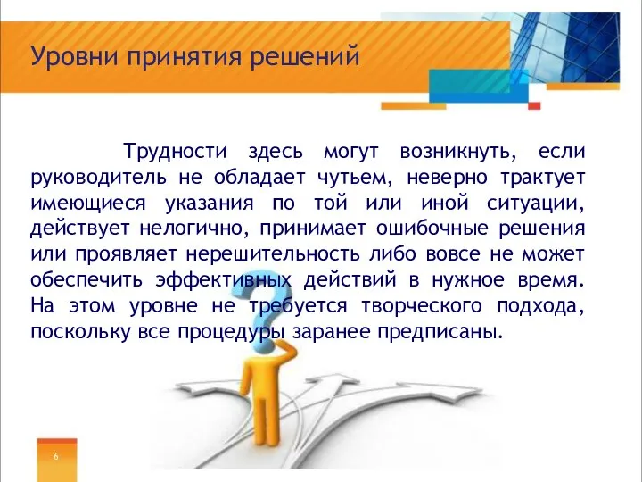 Уровни принятия решений Трудности здесь могут возникнуть, если руководитель не обладает