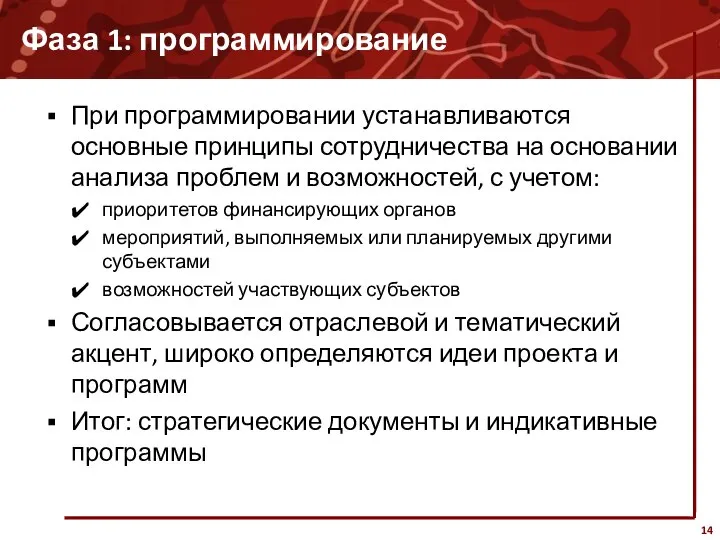 Фаза 1: программирование При программировании устанавливаются основные принципы сотрудничества на основании