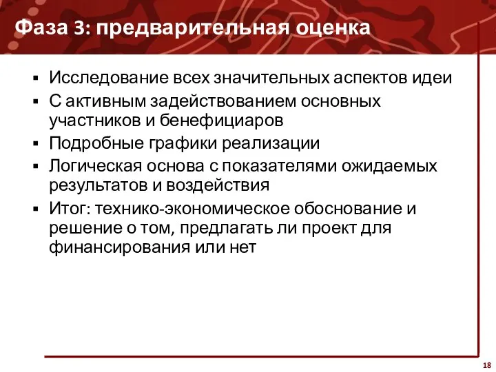 Фаза 3: предварительная оценка Исследование всех значительных аспектов идеи С активным