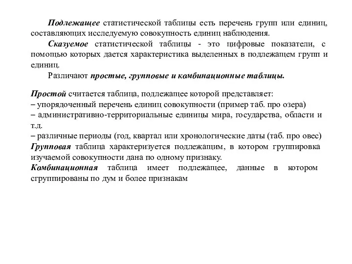 Подлежащее статистической таблицы есть перечень групп или единиц, составляющих исследуемую совокупность