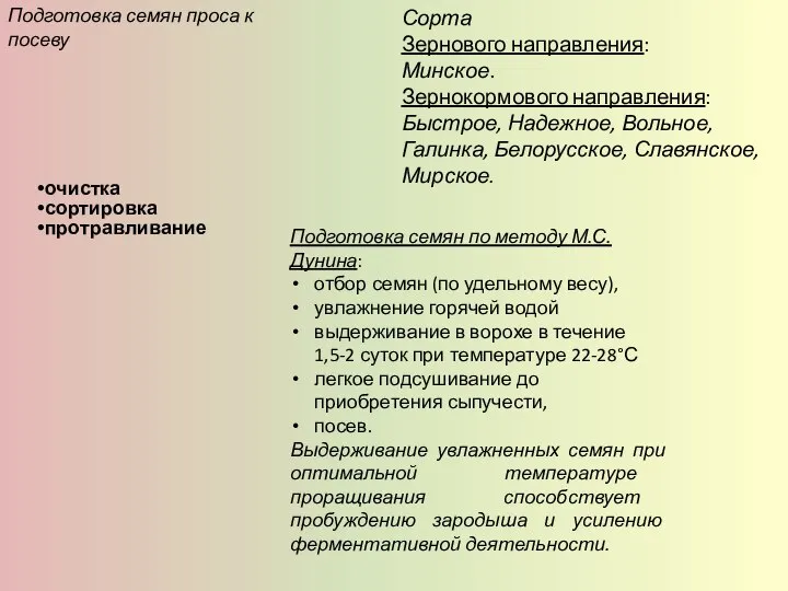 очистка сортировка протравливание Подготовка семян проса к посеву Сорта Зернового направления: