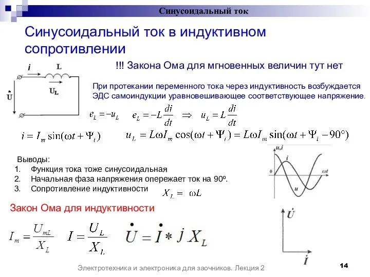 Синусоидальный ток в индуктивном сопротивлении Синусоидальный ток Электротехника и электроника для