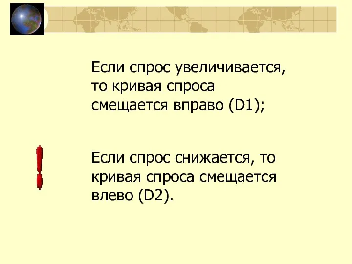 Если спрос увеличивается, то кривая спроса смещается вправо (D1); Если спрос