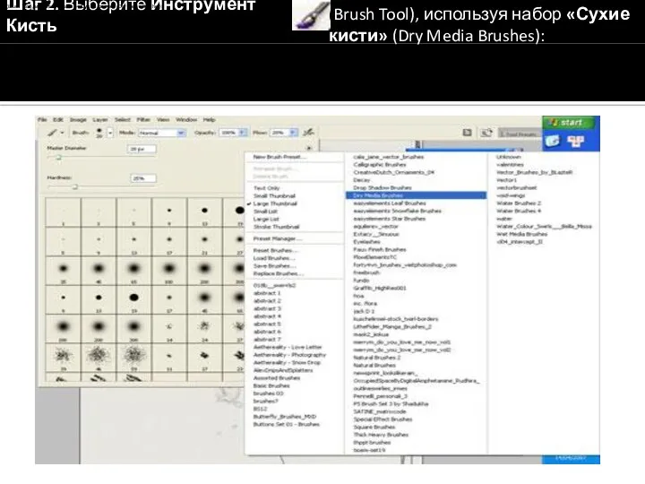 Шаг 2. Выберите Инструмент Кисть (Brush Tool), используя набор «Сухие кисти»