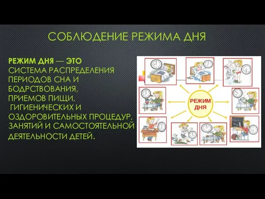 СОБЛЮДЕНИЕ РЕЖИМА ДНЯ РЕЖИМ ДНЯ — ЭТО СИСТЕМА РАСПРЕДЕЛЕНИЯ ПЕРИОДОВ СНА